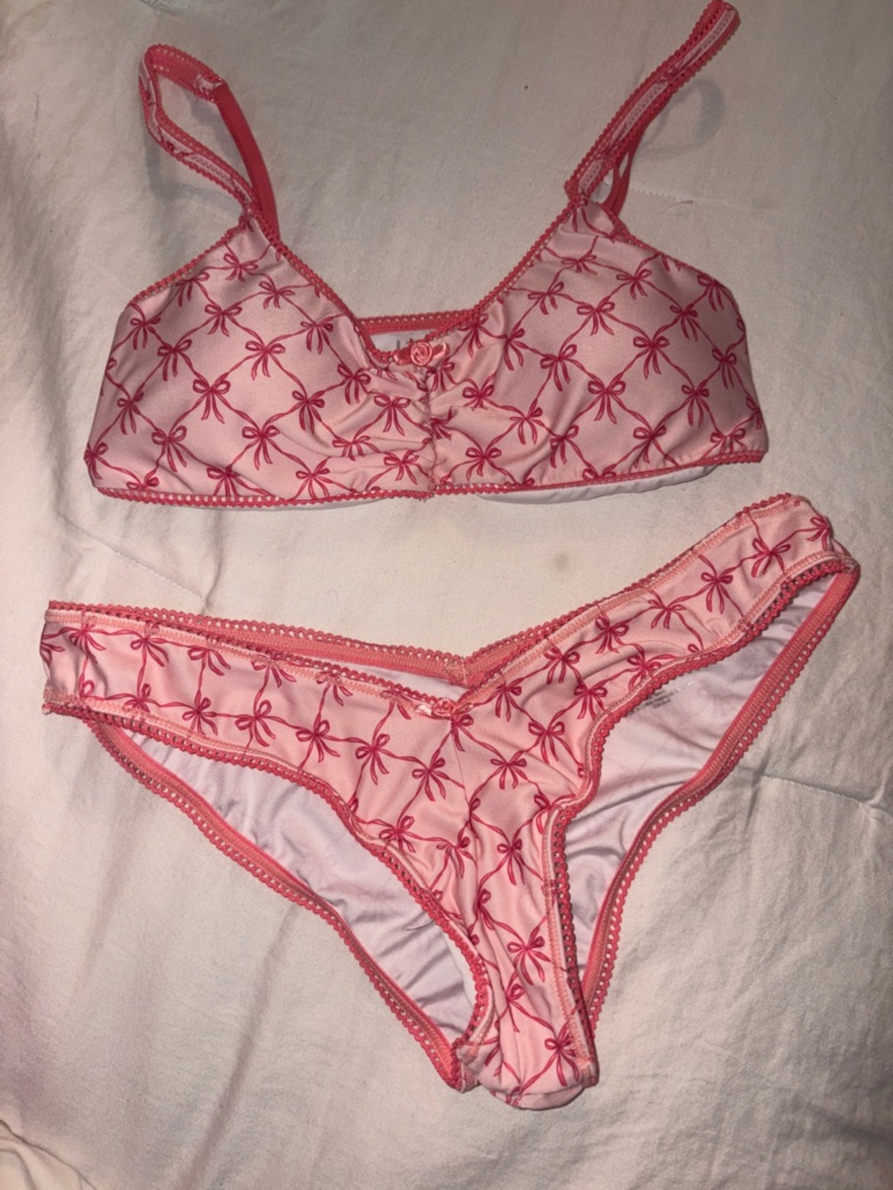 Pink Bow-Print Bralette & Bikini Set - Women Intimates